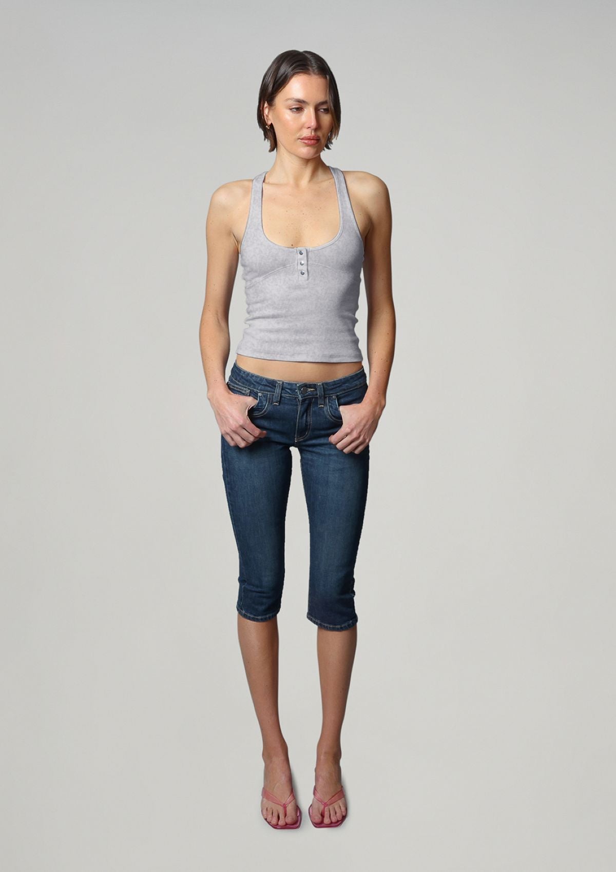 Essential Rib Racer Back - Pale Grey Marle