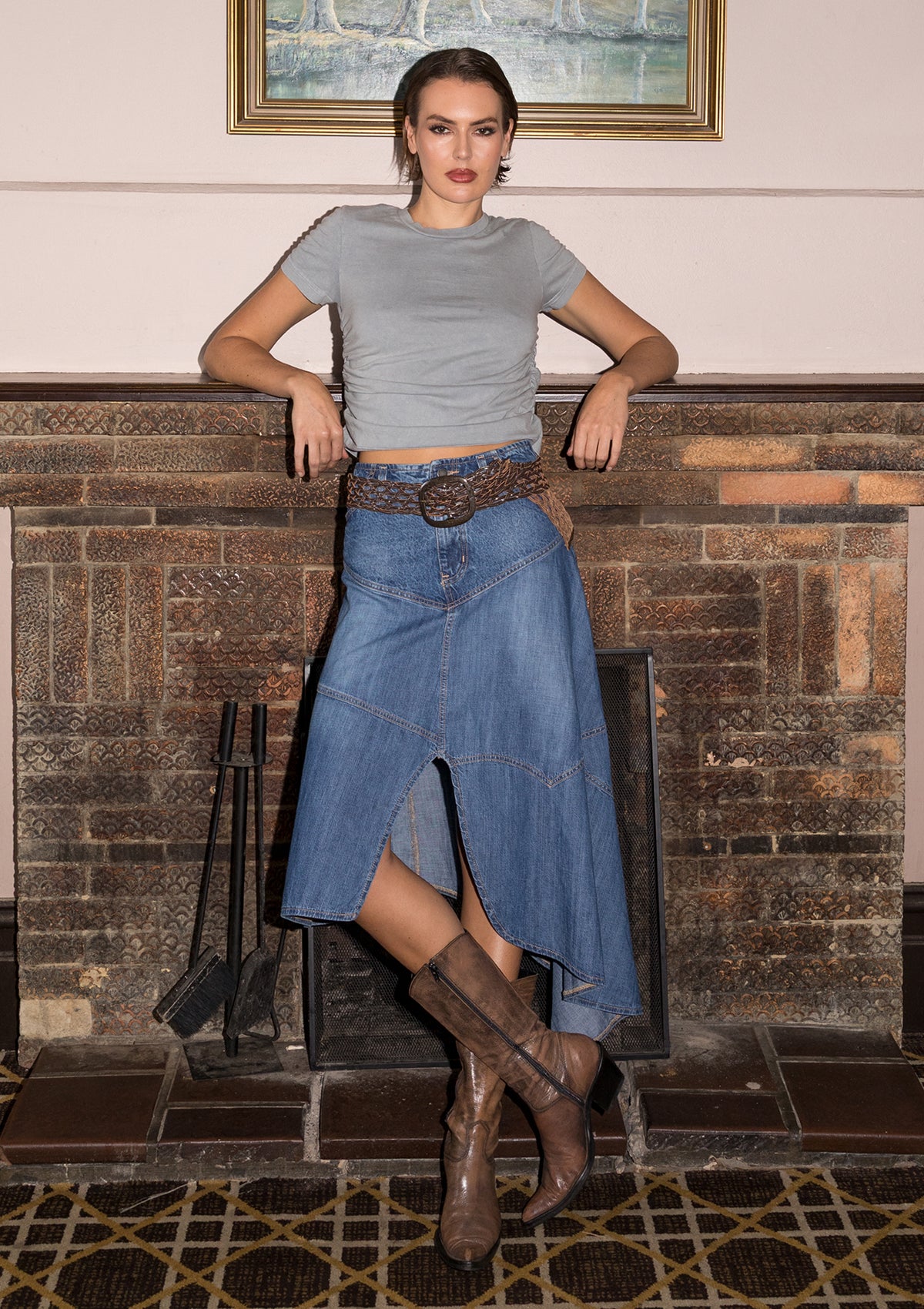 Little Wildflower Denim Midi Skirt - Blue