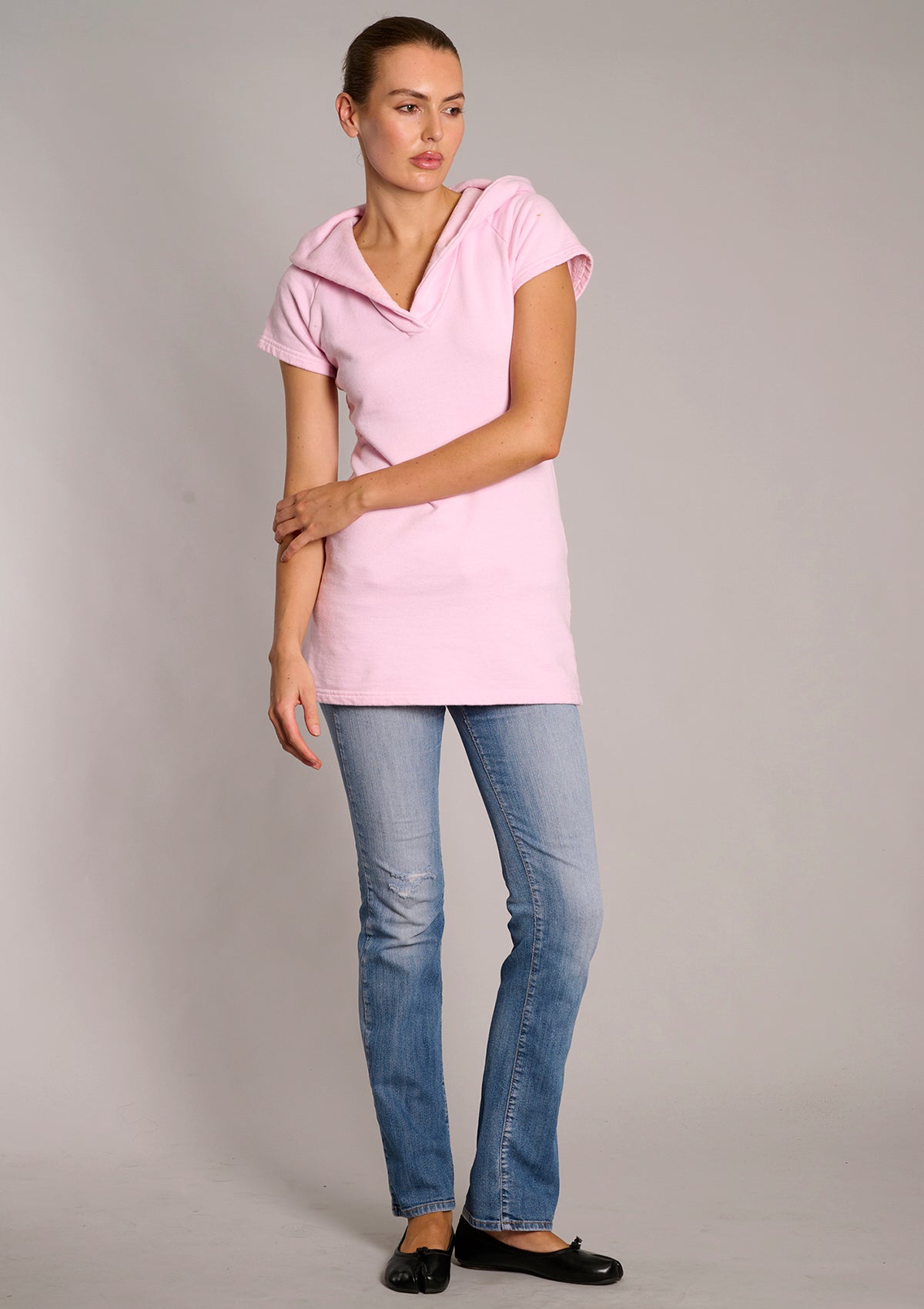 Taylor Hooded Cotton Fleece Dress- Baby Pink