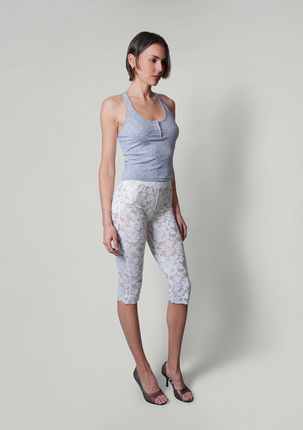 Essential Rib Racer Back - Pale Grey Marle