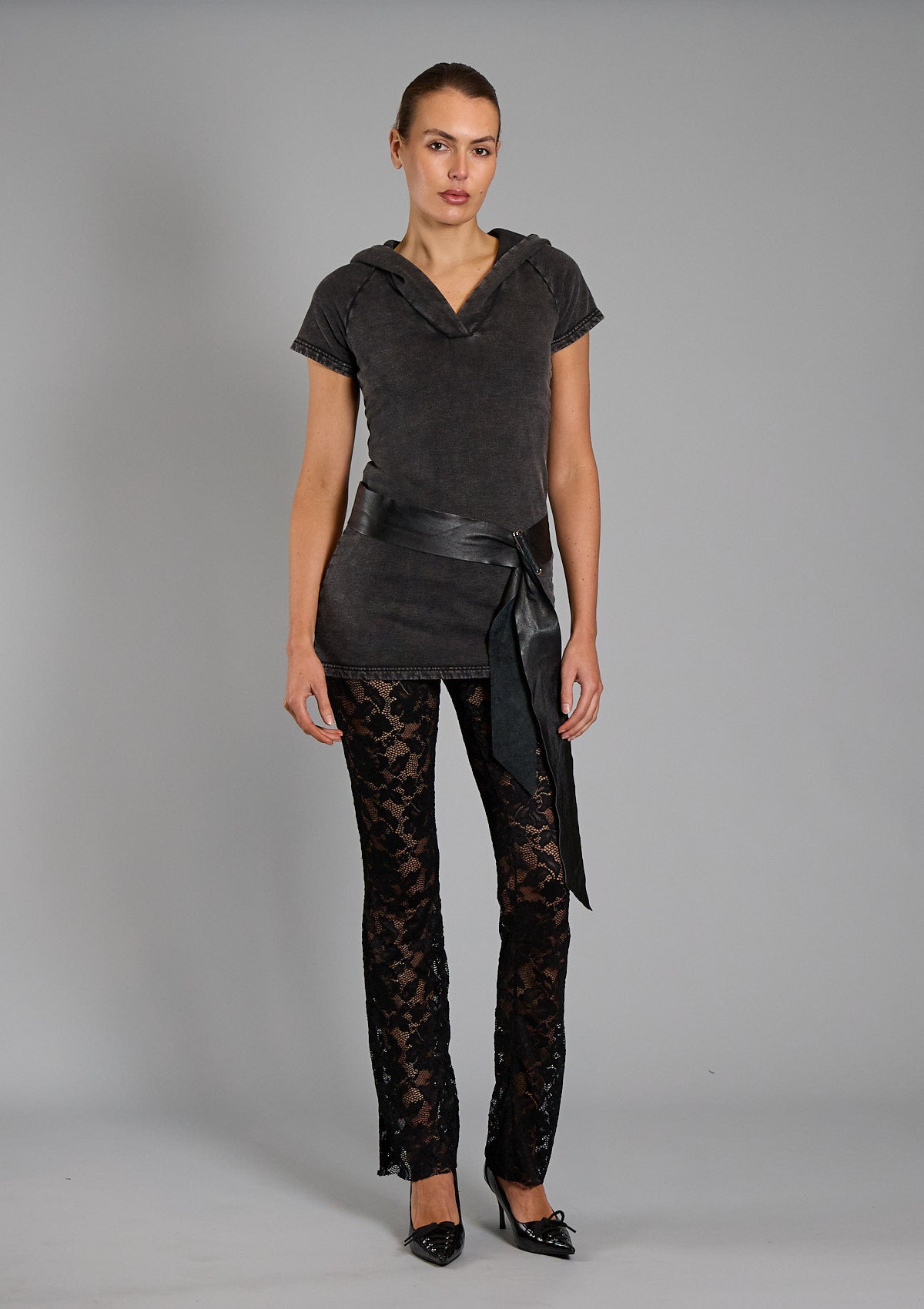 Taylor Hooded Cotton Fleece Dress- Black Acid Wash