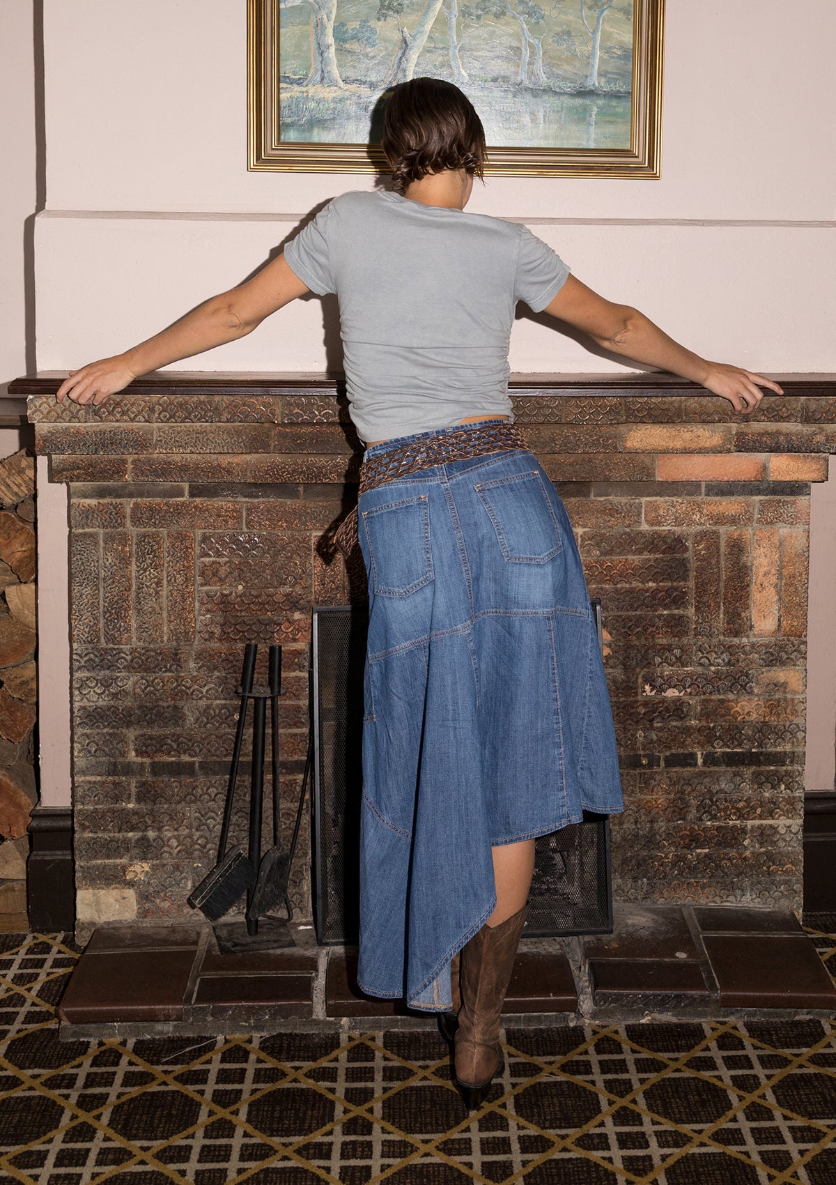 Little Wildflower Denim Midi Skirt - Blue